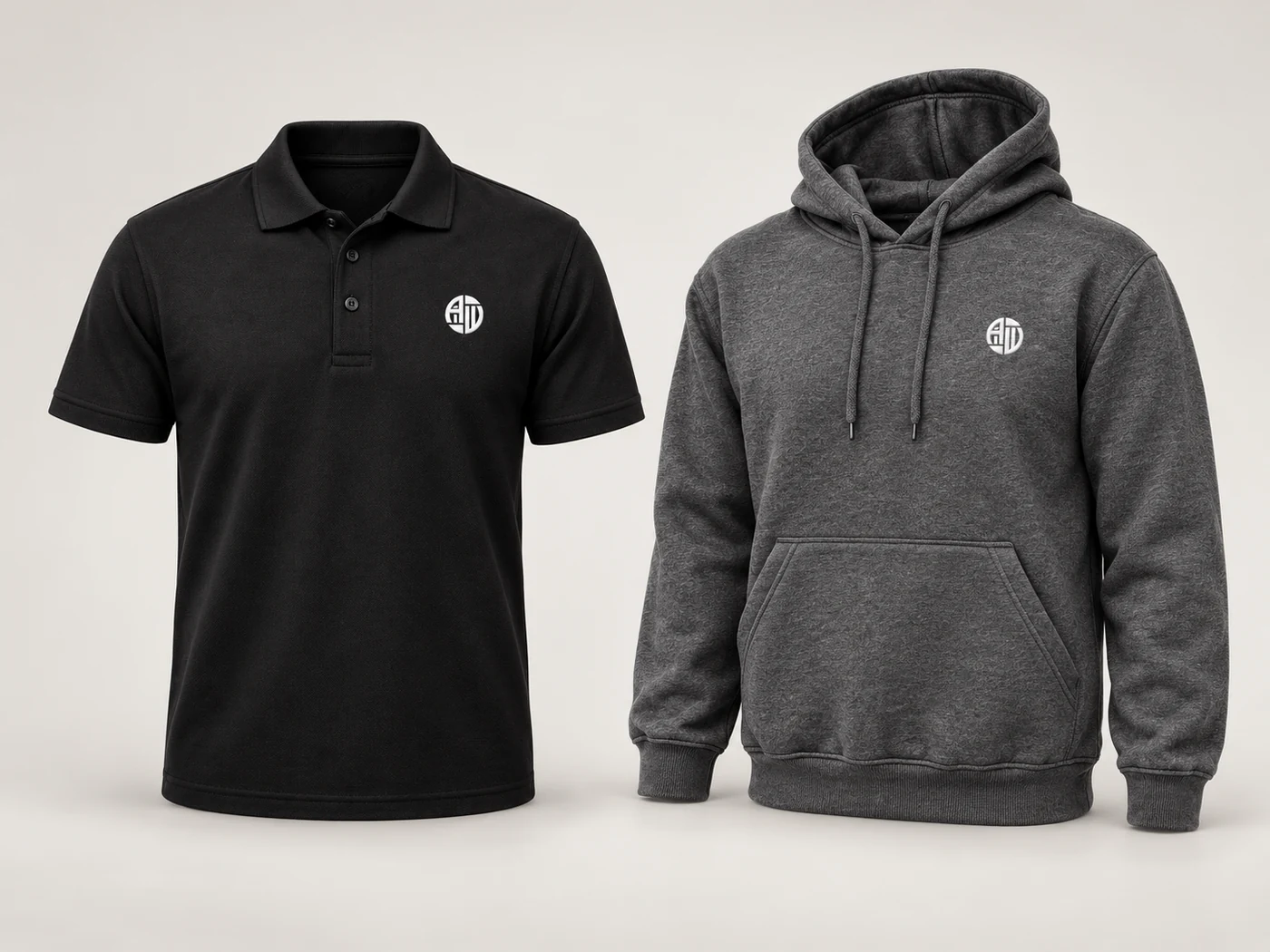 Black polo shirt and charcoal hoodie with APRAWEAR branding