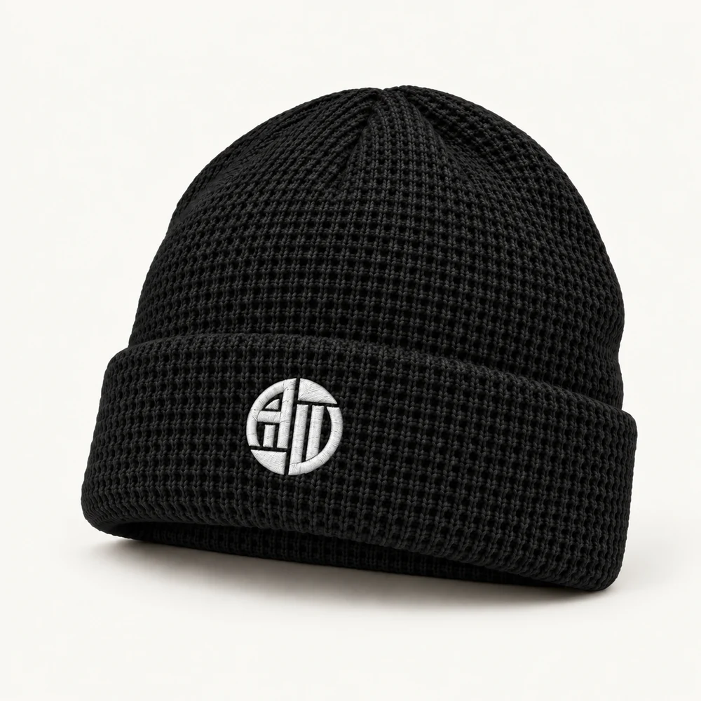 Illustrative APRAWEAR branded organic cotton waffle beanie mockup