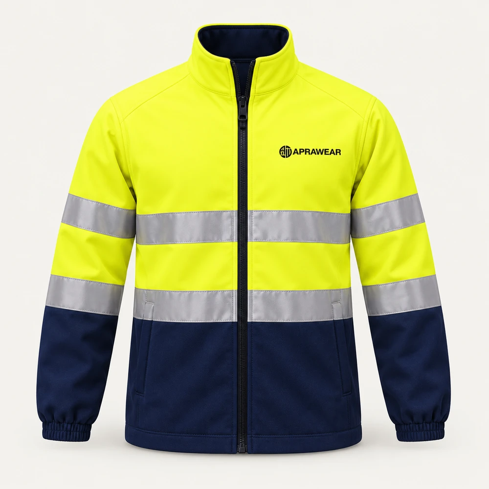 Illustrative APRAWEAR branded hi-vis work jackets mockup