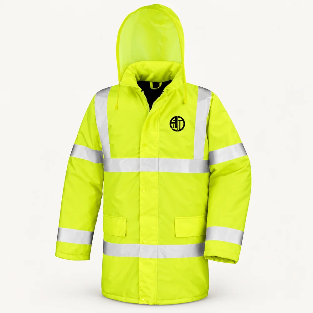 Illustrative APRAWEAR branded core safety high-viz coat mockup