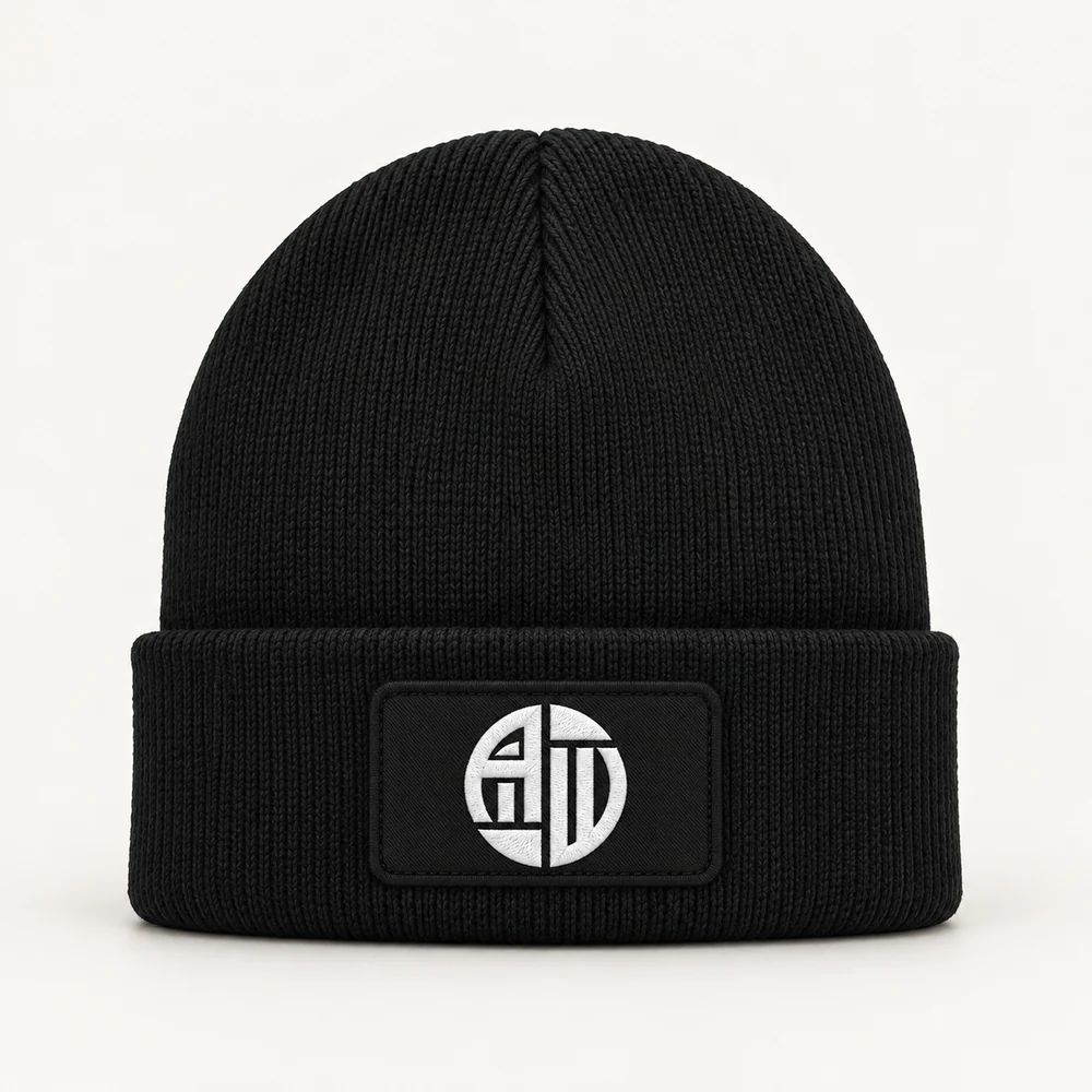 Illustrative APRAWEAR branded rectangular patch beanie mockup