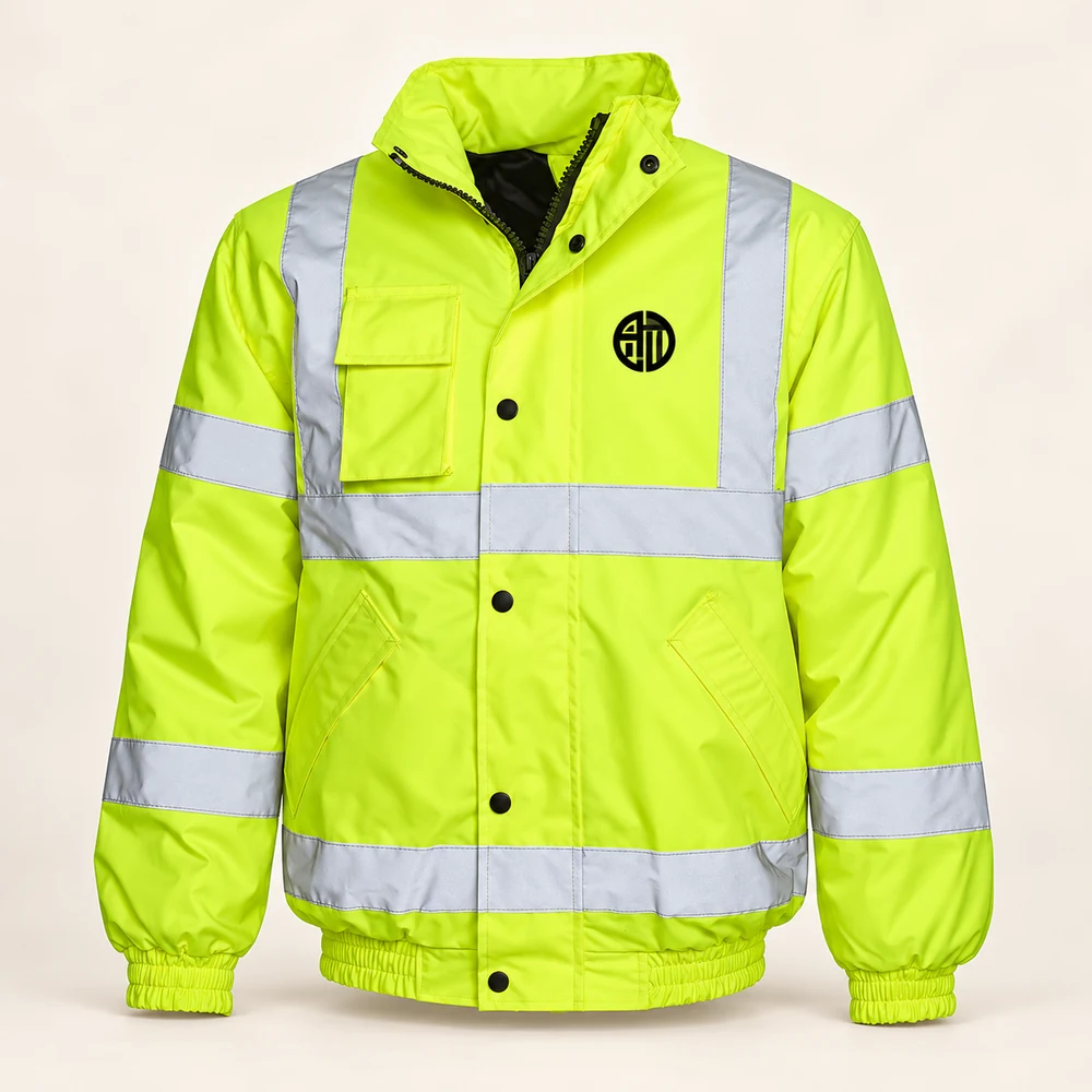 Illustrative APRAWEAR branded hi vis bomber jacket mockup